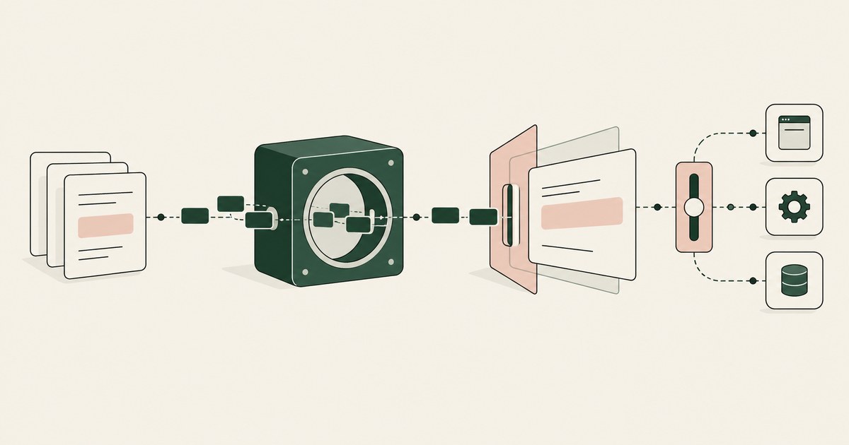 Record stacks pass a vault and masking panels before reaching application destinations.