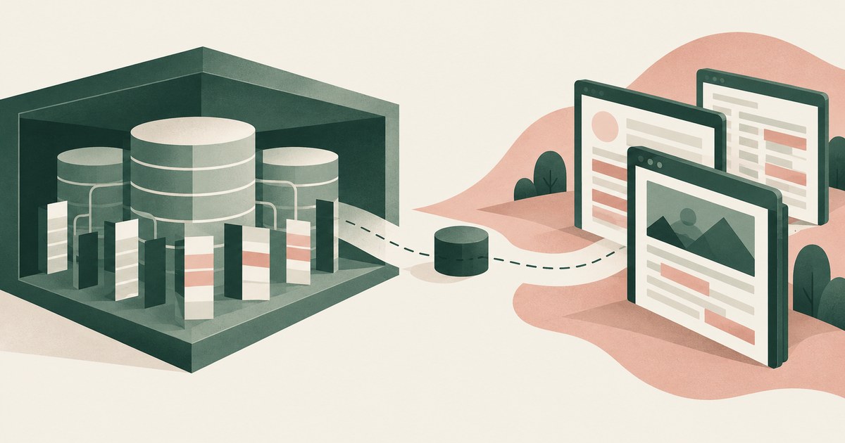 A warehouse holds databases and filtered record columns beside an independent browser workflow.