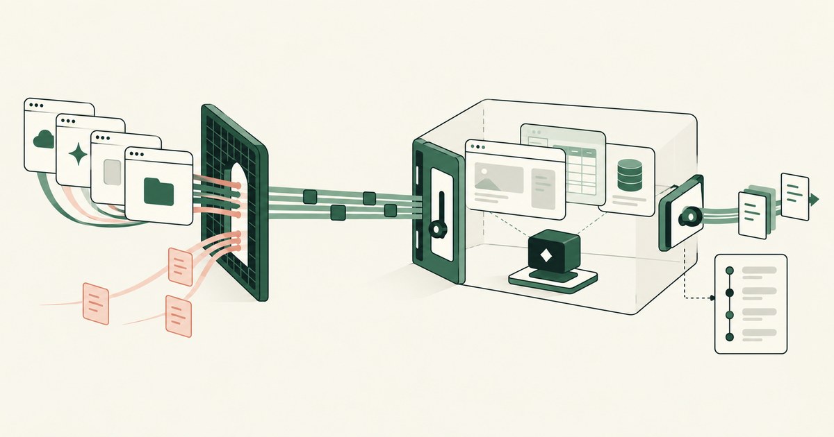 AI application traffic crosses a filter into an isolated workspace with controlled output and an audit ledger.