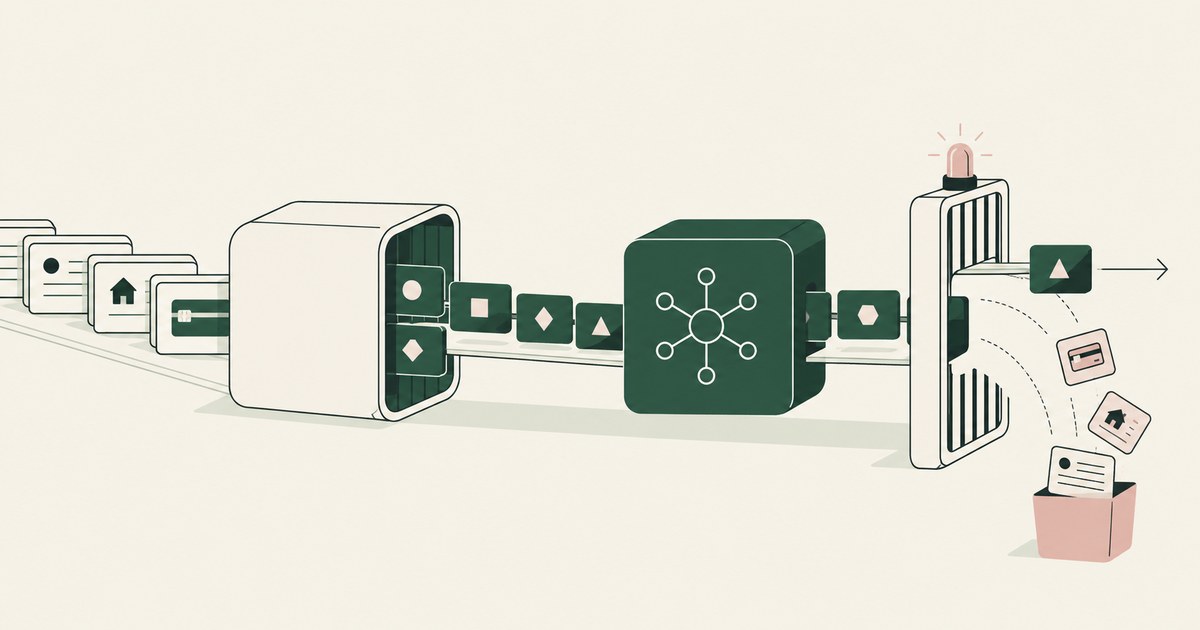 Documents pass a tokenization module, model stage and policy gate that diverts selected records.