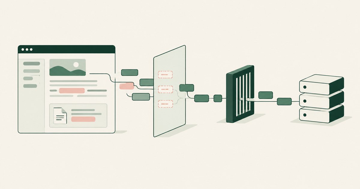 Screen fields become tokens before passing an API gate toward a server stack.