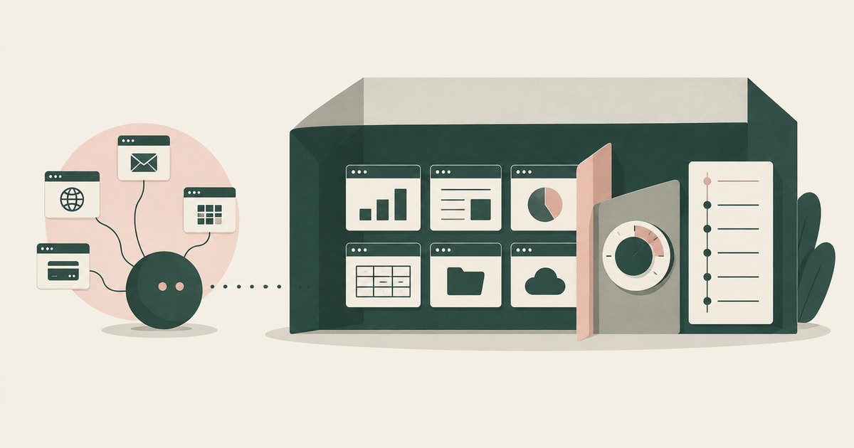 Personal application icons lead to an enterprise workspace with a control panel and audit checklist, illustrating enterprise agent requirements.