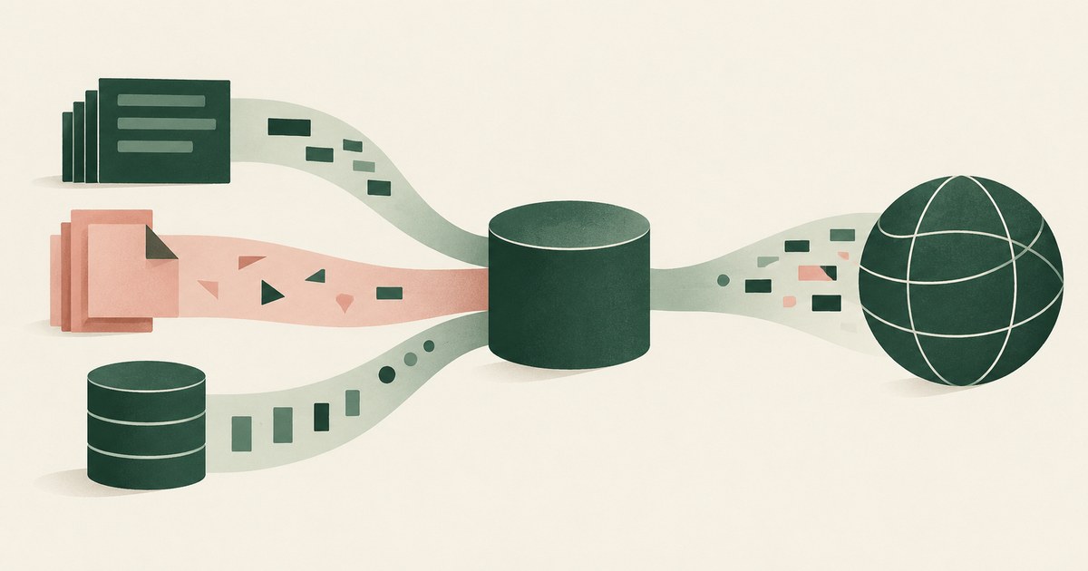 Private files, outside content, and stored data converge at one agent node connected to a globe.