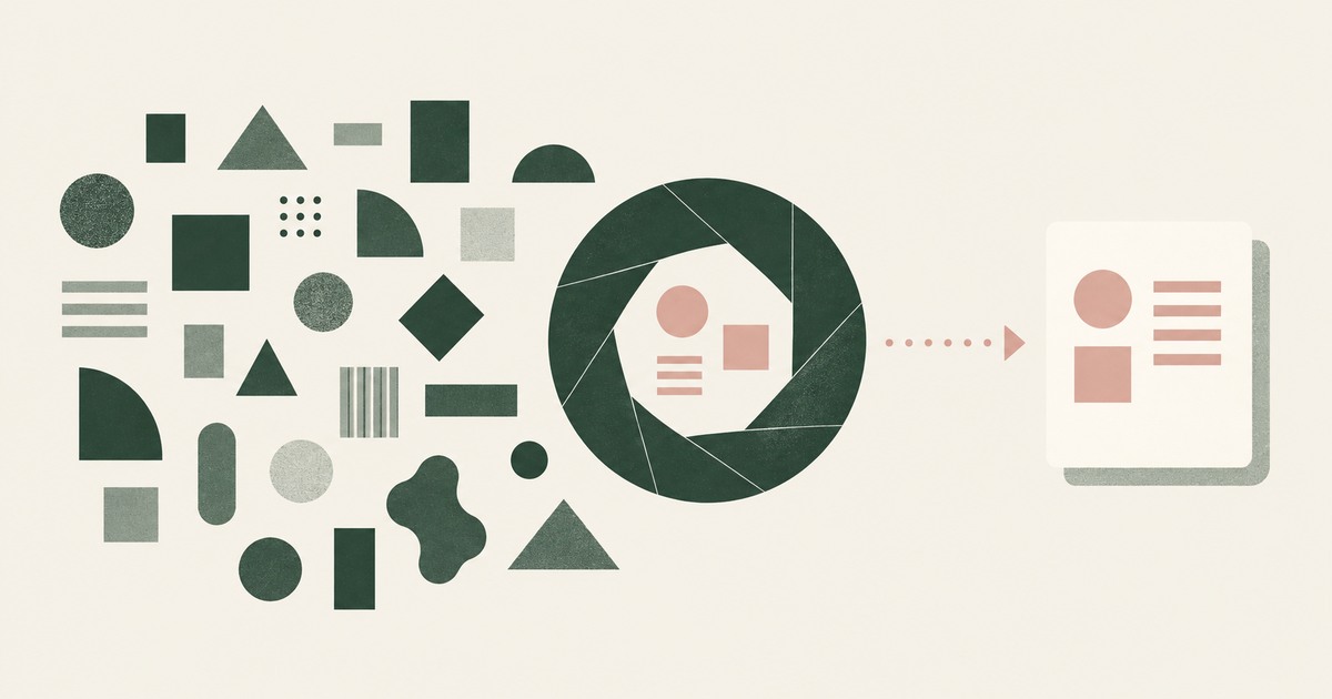 An aperture selects a single task record from many surrounding data shapes, illustrating a deliberate AI exposure policy.