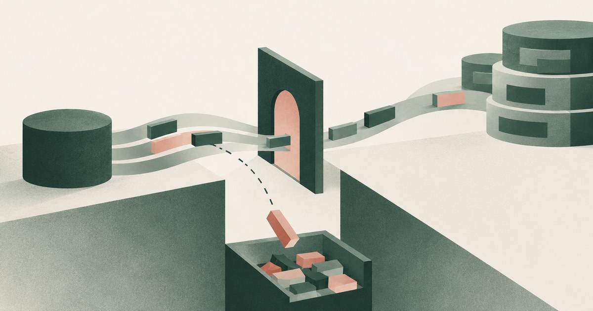 A data path crosses a gate toward recoverable storage while an unapproved deletion route falls into a lower tray.