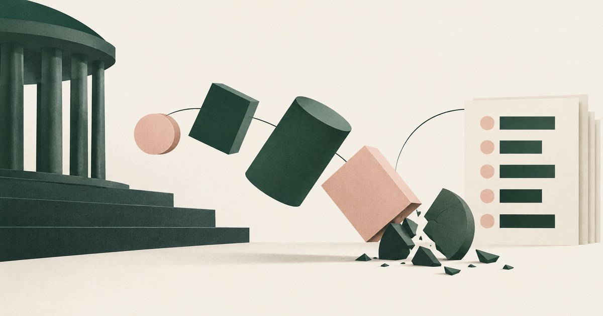 A chain of workflow objects tips toward a broken component beside courthouse steps and an accountability record.