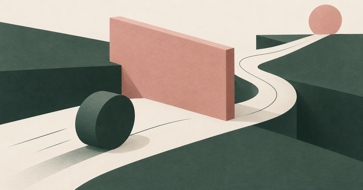 An agent cylinder faces a policy barrier while a winding route continues beyond it toward a task destination.